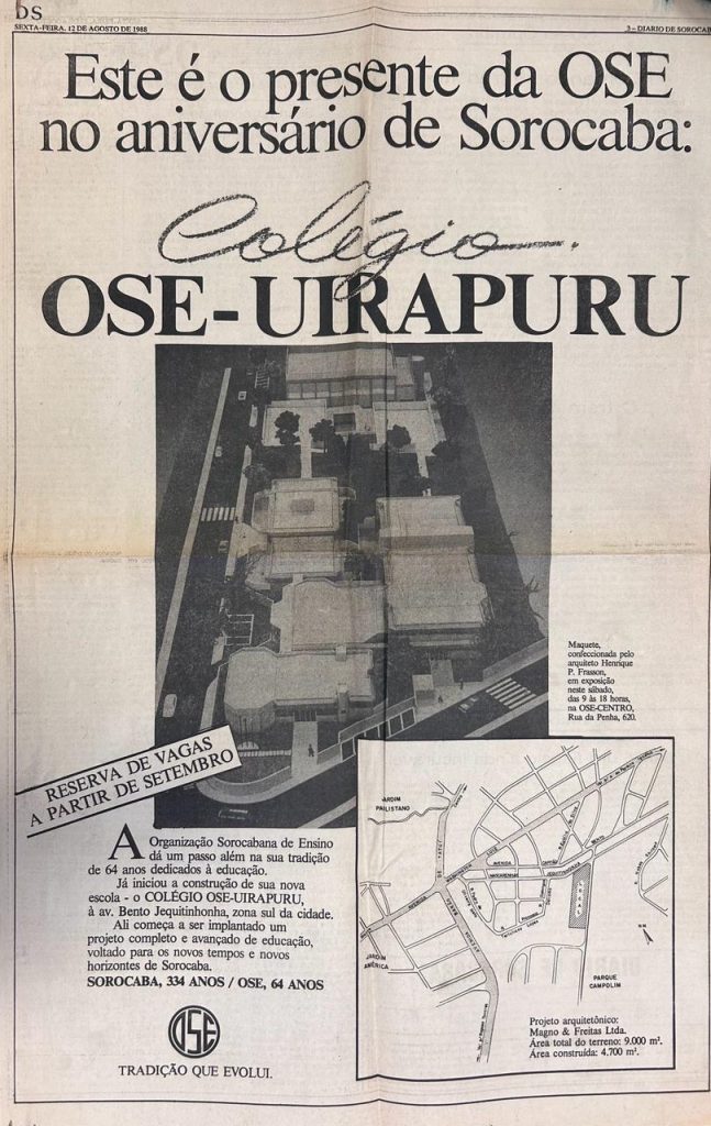 Anúncio do Colégio Uirapuru no jornal "Diário de Sorocaba", em agosto de 1988
