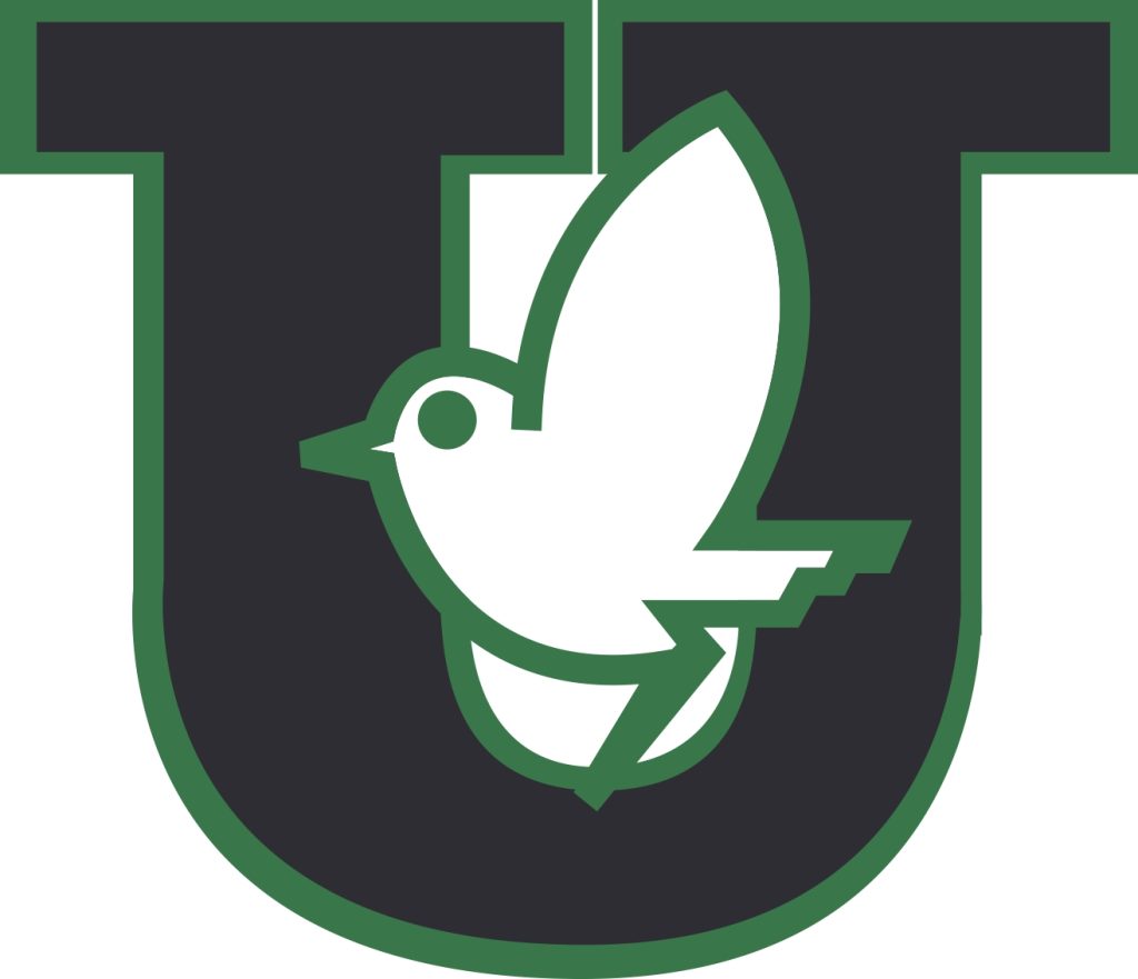 Uma grande letra U em preto com o contorno de um passarinho verde: primeiro logo da escola