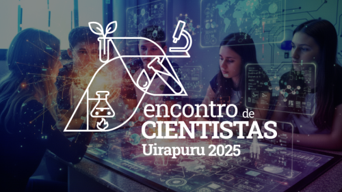 Estudantes do Colégio Uirapuru em laboratório de Química aparecem atrás do logo do Encontro de Cientistas