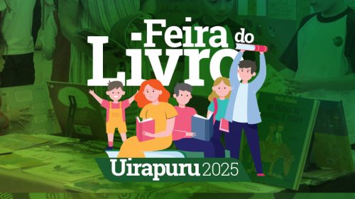 Ilustração mostra adultos e crianças lendo contra o logo Feira do Livro Uirapuru.